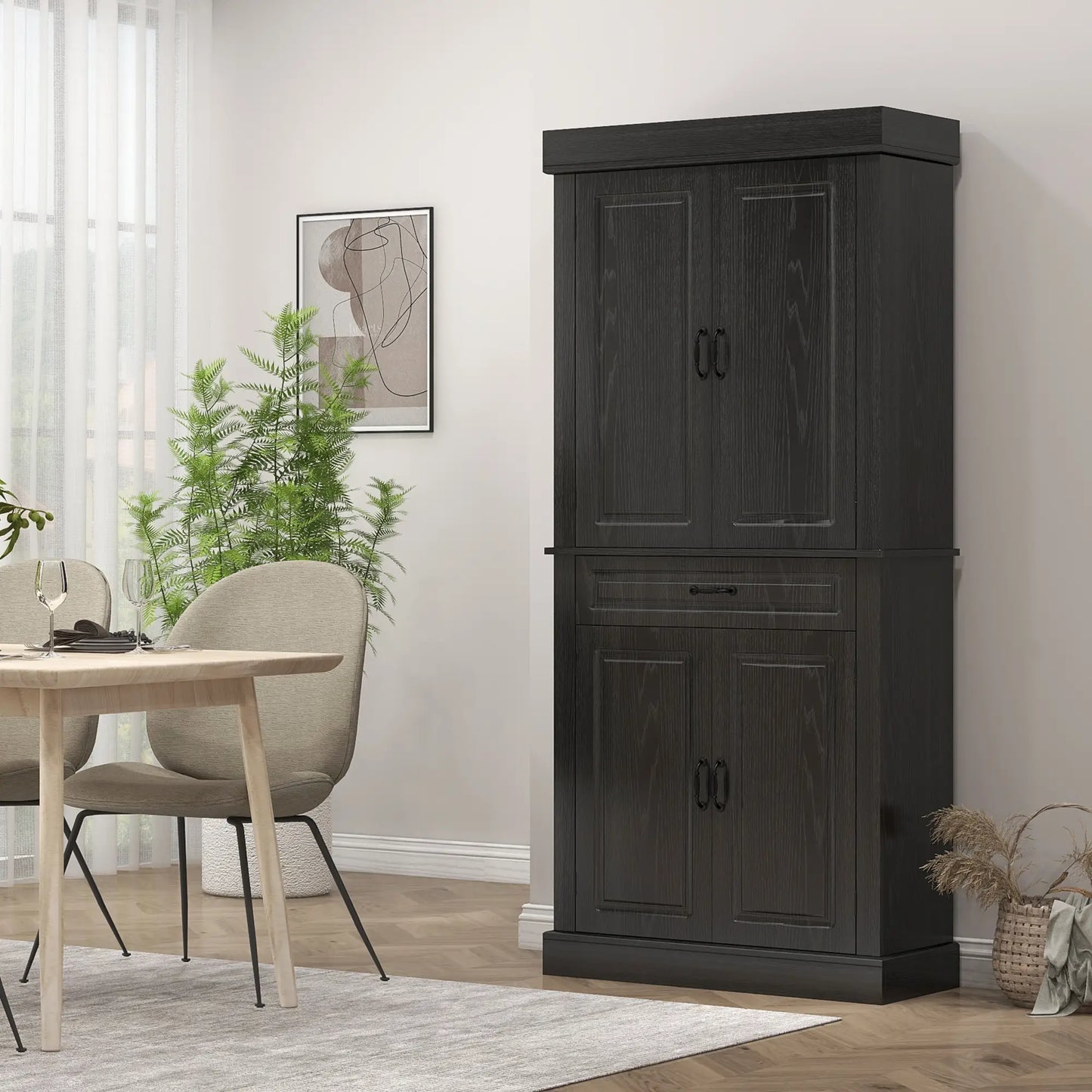 71" Freestanding Kitchen Pantry, 4 Doors 2 Cabinets, Distressed Black, Black Kitchen Pantry Cabinets at Gallery Canada