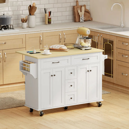 Kitchen Island Cart with Power Outlet, Drop Leaf, 55 Inch, White Kitchen Islands & Kitchen Carts at Gallery Canada