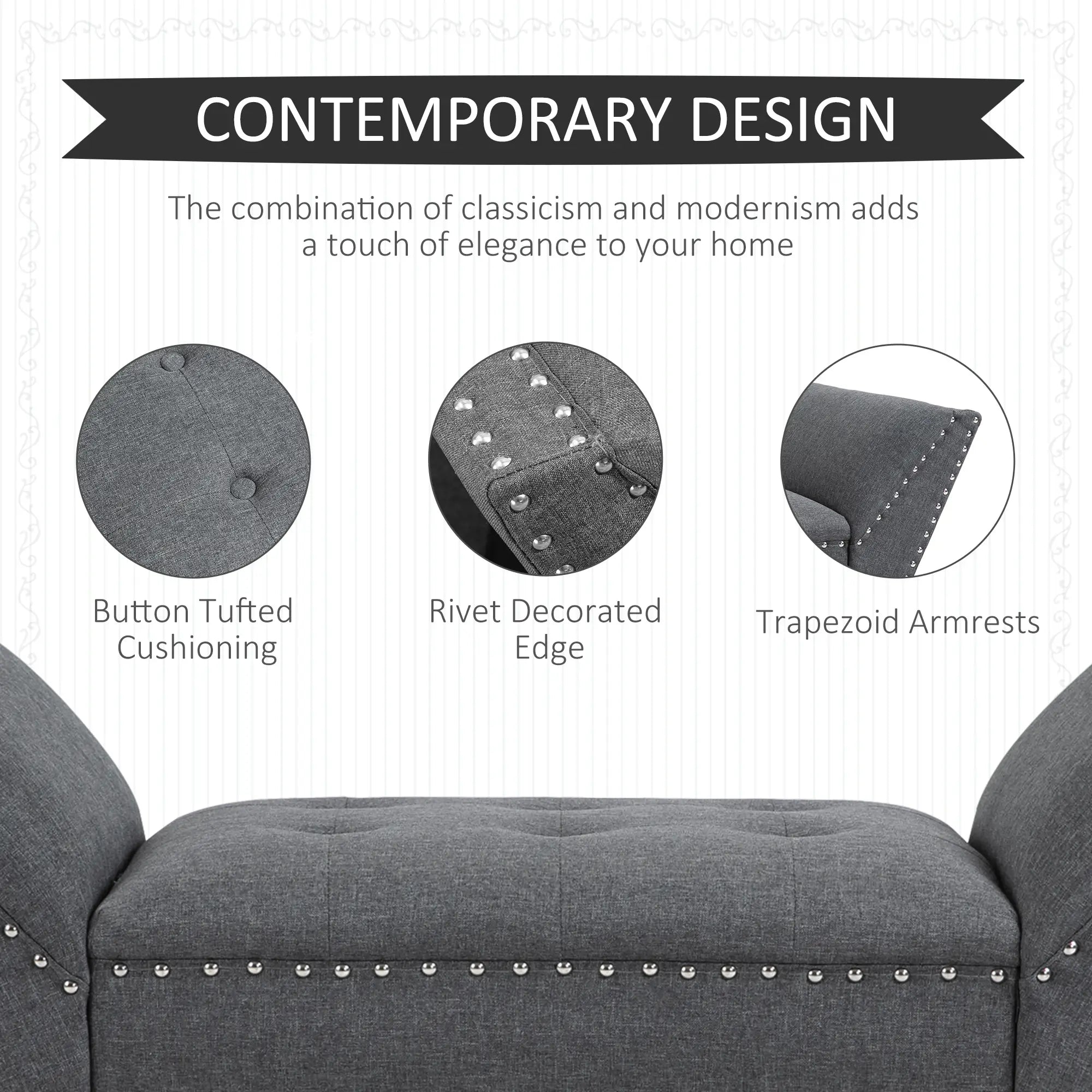 Modern Upholstered Bench, Bedroom Hallway Bench, Arms Nailhead Trim Storage Ottomans & Benches at Gallery Canada