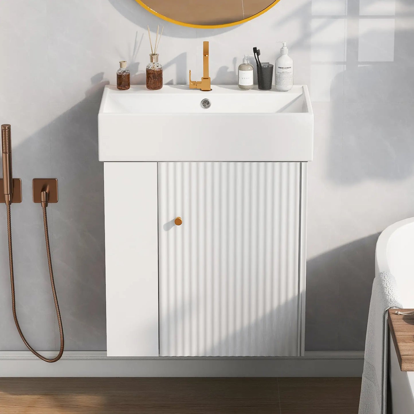 Floating Bathroom Vanity, Ceramic Basin, Side Storage, Rose Gold Handle, 21.5" L x 12" W x 26.5" H, White Sink Cabinets at Gallery Canada
