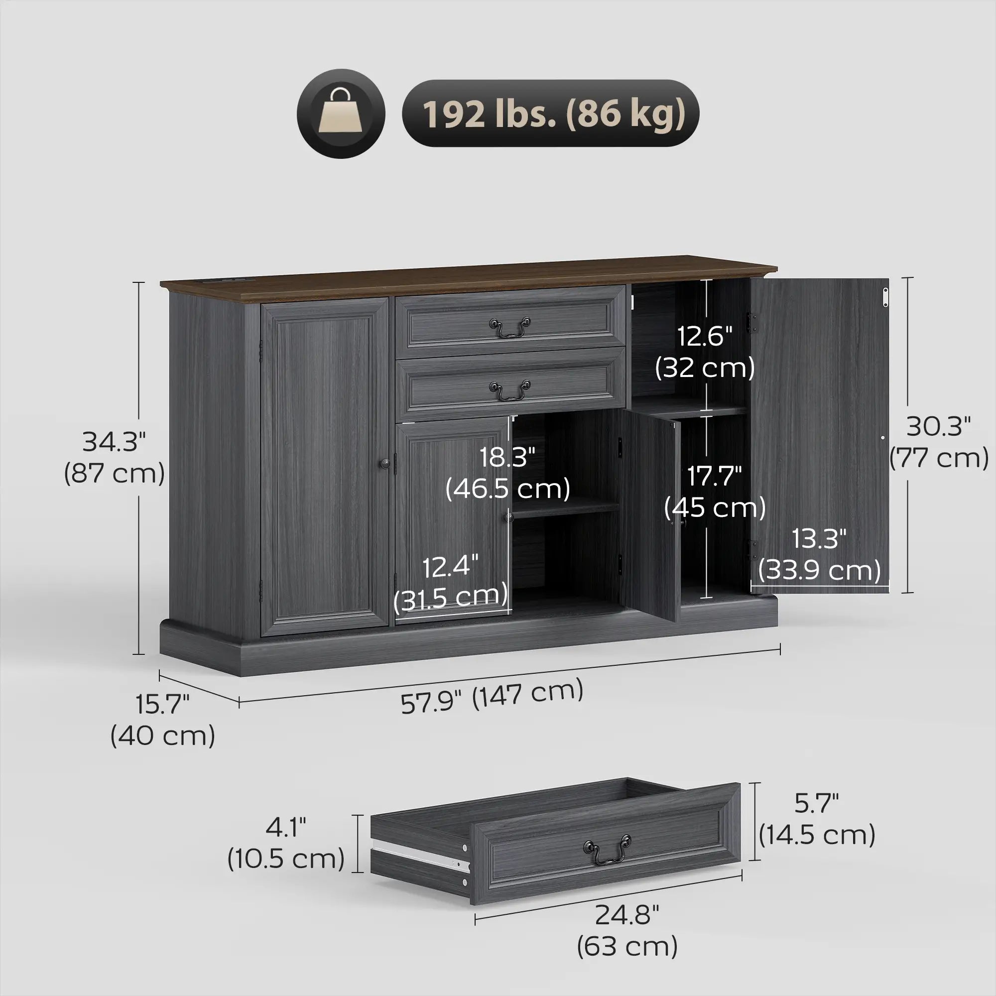 Farmhouse Sideboard with Charging Station, 58 Inch Buffet Cabinet, 2 Soft Close Drawers, Black Storage Cabinets at Gallery Canada