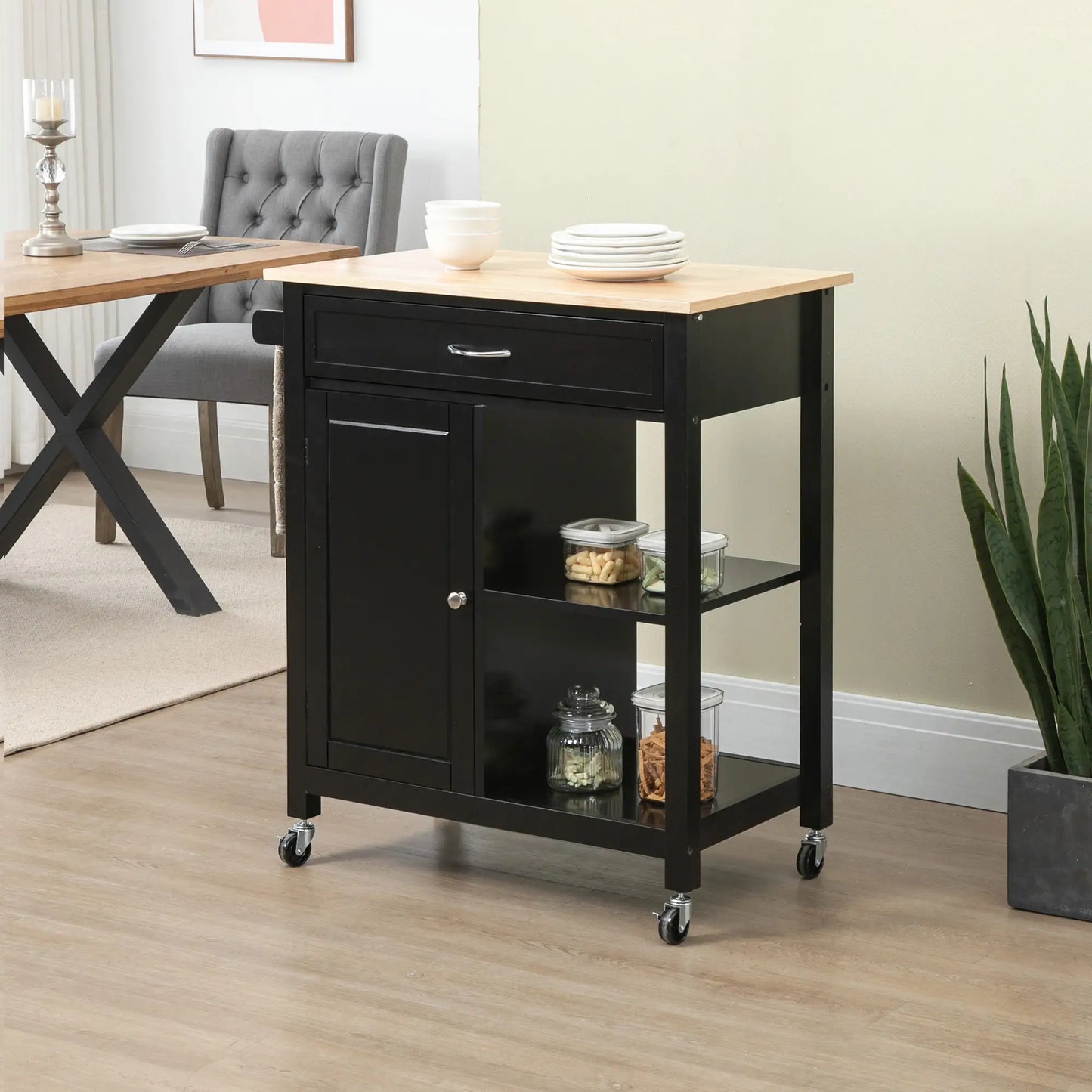 Rolling Kitchen Cart, Wood Top with Drawer, 36 Inch, Black Kitchen Islands & Kitchen Carts at Gallery Canada