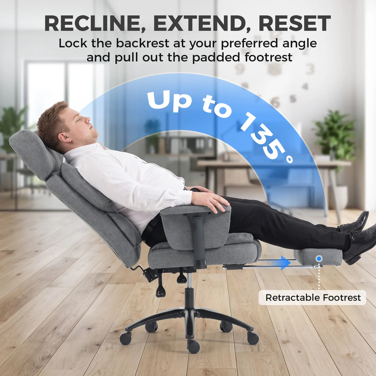 Heavy Duty Office Chair, Footrest, Lumbar Support, Grey
