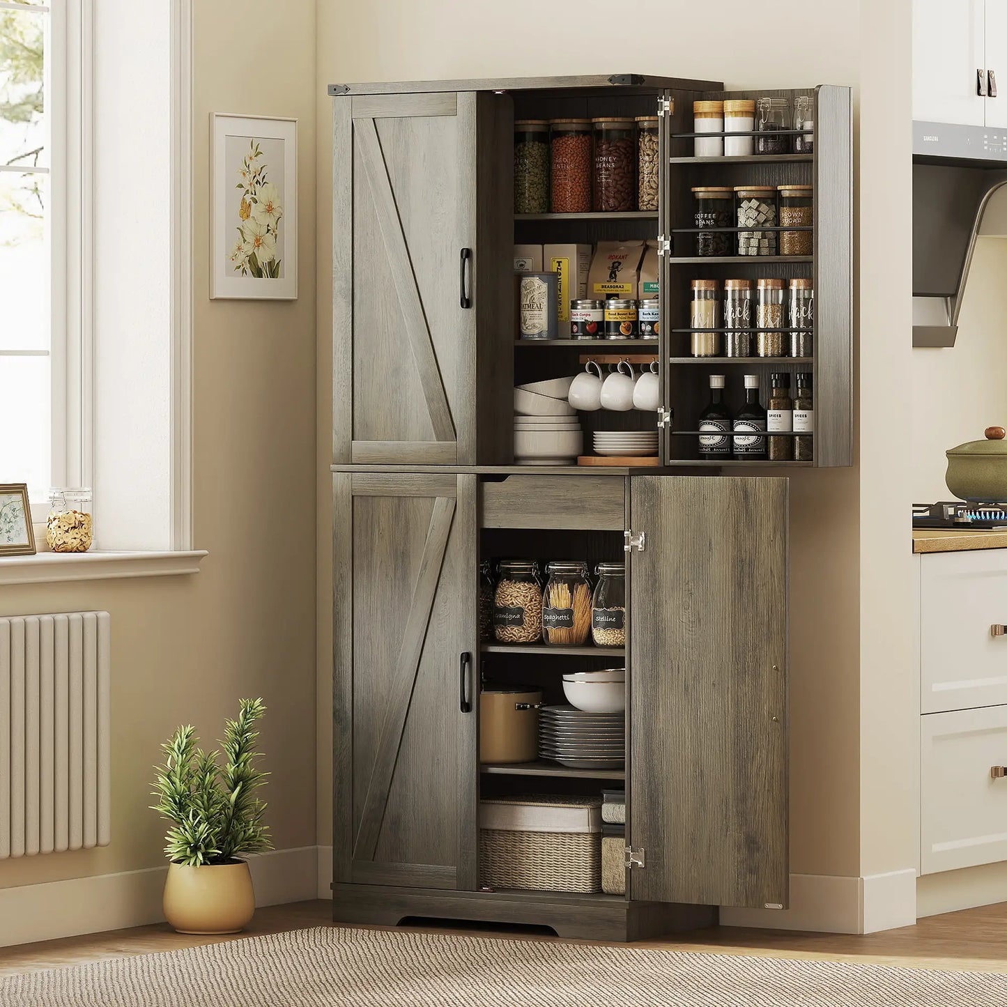 72 Inch Kitchen Pantry Cabinet, Farmhouse Storage with 4 Doors, Drawer, Grey Kitchen Pantry Cabinets at Gallery Canada