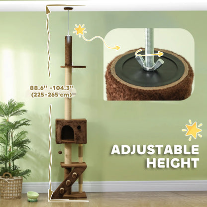 89"-104" Cat Tree with Scratching Post, Cat House, 3-Steps, Hanging Ball, Brown Floor to Ceiling Cat Trees at Gallery Canada