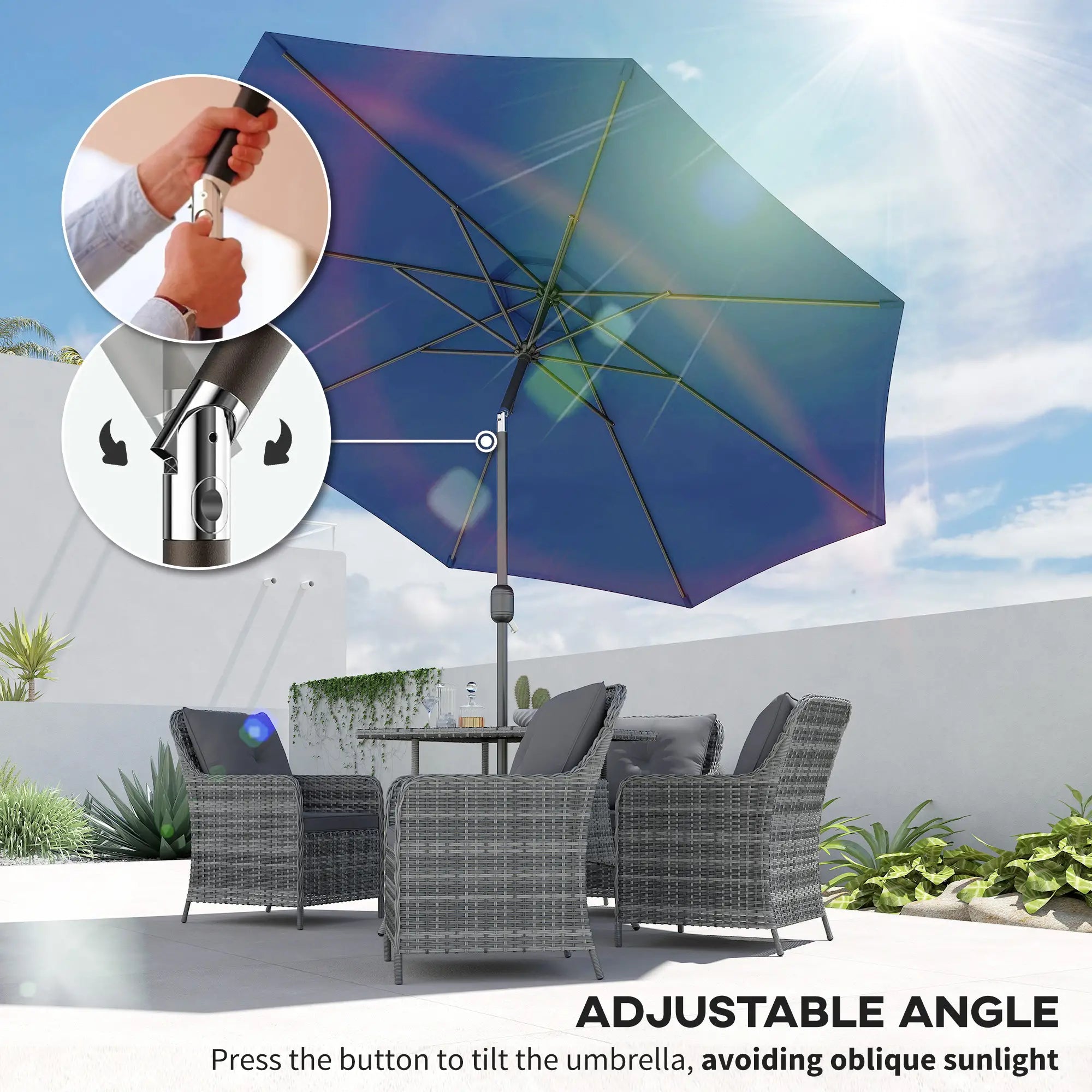 10' x 8' Round Market Umbrella, Crank Handle, Tilt, Blue Sun Umbrellas at Gallery Canada