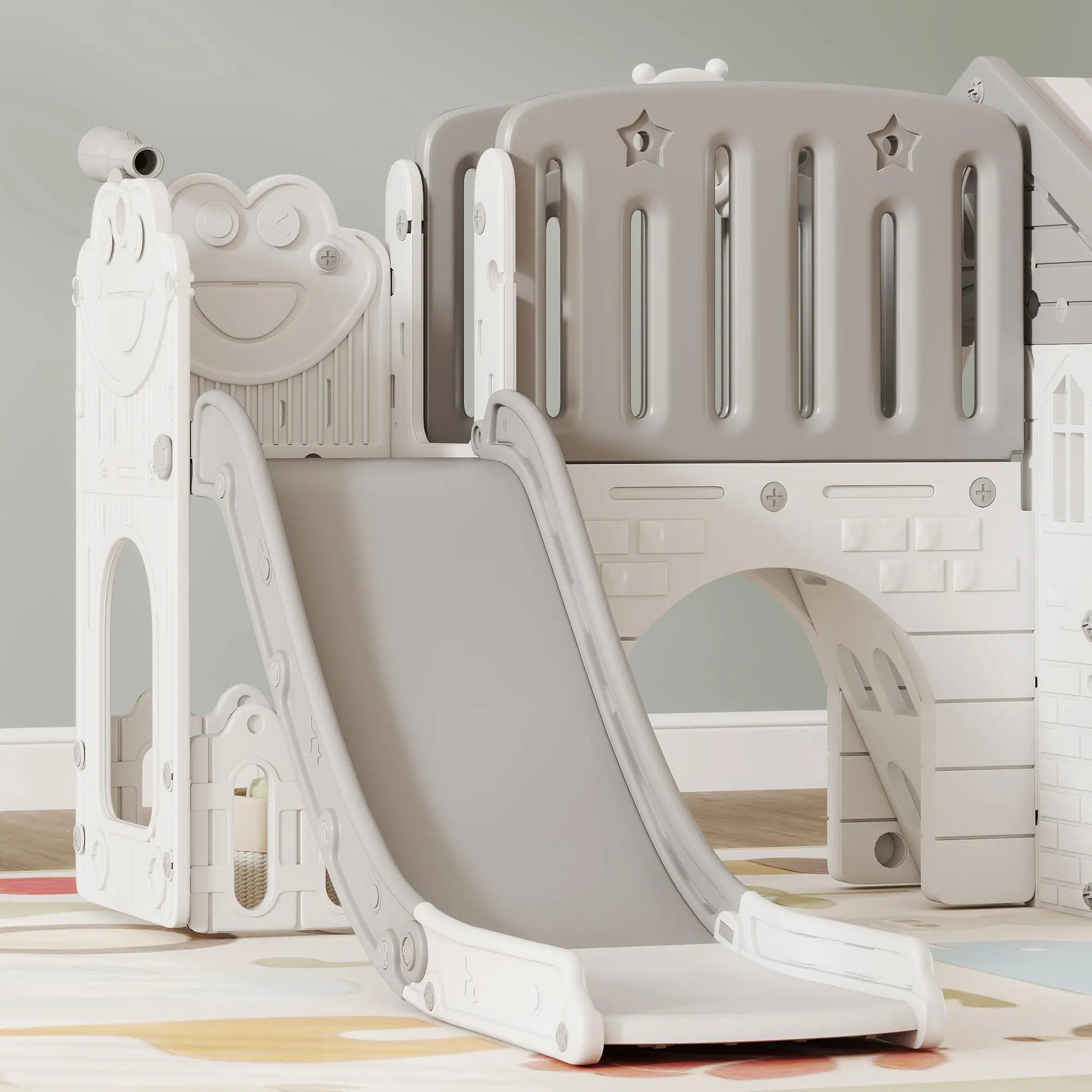 7-in-1 Toddler Slide Climber Playset with Playhouse, Basketball Hoop, Grey Gym Sets & Swings at Gallery Canada