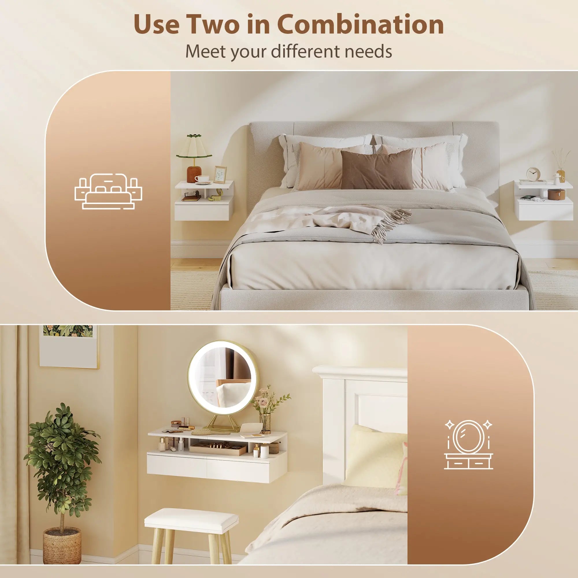 Floating Nightstand Set of 2, Wall Mounted with Drawer, White Bedside Tables at Gallery Canada