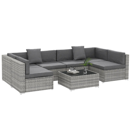 7pc Garden Wicker Sectional Set, Tea Table, Patio Rattan Sofa, Grey