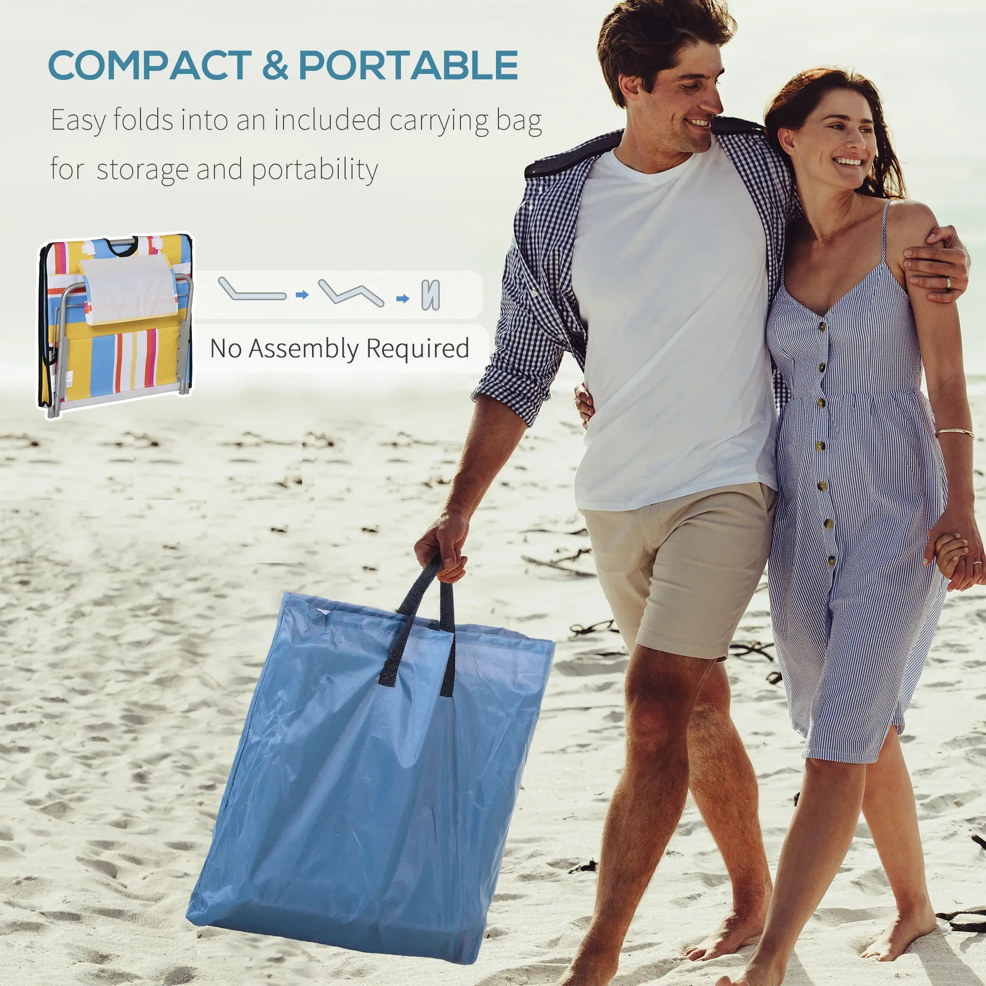 Set of 2 Beach Lounge Chairs, Padded Folding Mat, Adjustable Back, Steel Frame, Head Pillow, Carry Bag, Colorful Stripes, Colorful Beach Accessories at Gallery Canada
