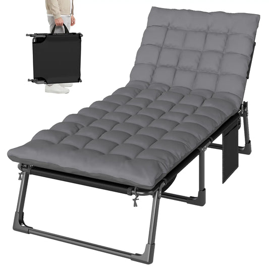 75 cm Wide Folding Chaise Lounge Chair, Cushion, Side Pocket, Dark Grey Lounger Chairs Dark Grey at Gallery Canada