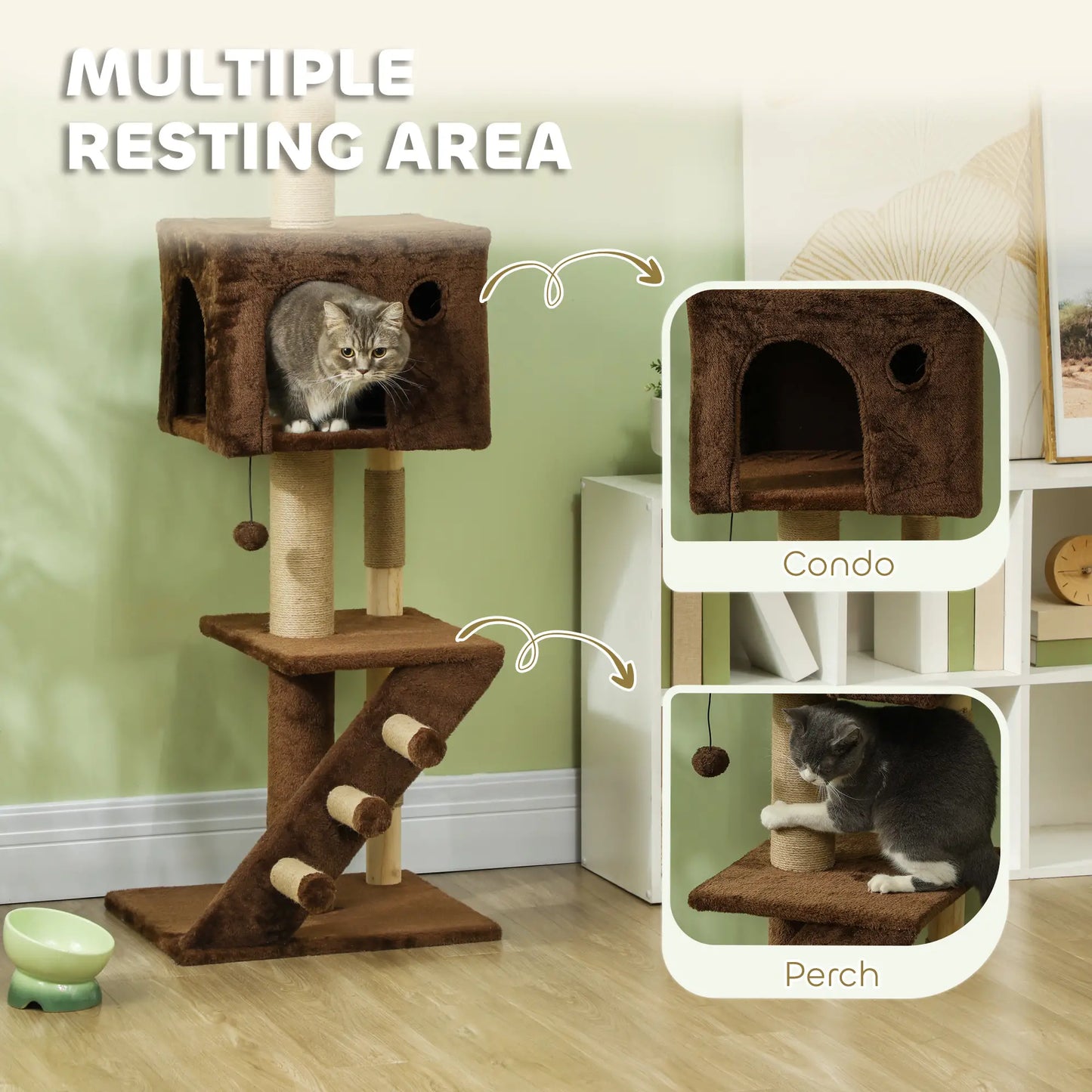 89"-104" Cat Tree with Scratching Post, Cat House, 3-Steps, Hanging Ball, Brown Floor to Ceiling Cat Trees at Gallery Canada