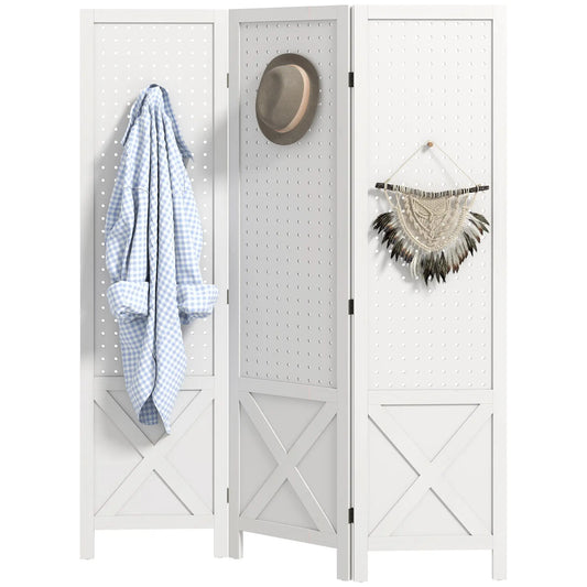56.9" 3 Panel Wooden Room Divider With Pegboard Display, White