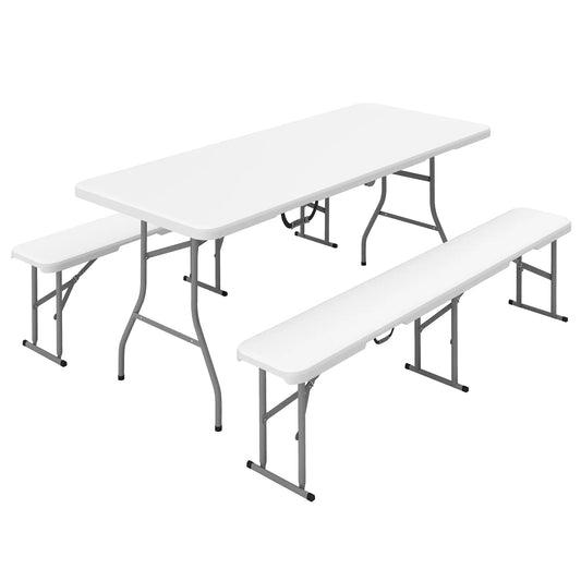 6FT Portable Camping Table Bench Set, Folding Picnic Table with 2 Benches, White Picnic Tables & Camping Chairs White, Light Grey at Gallery Canada