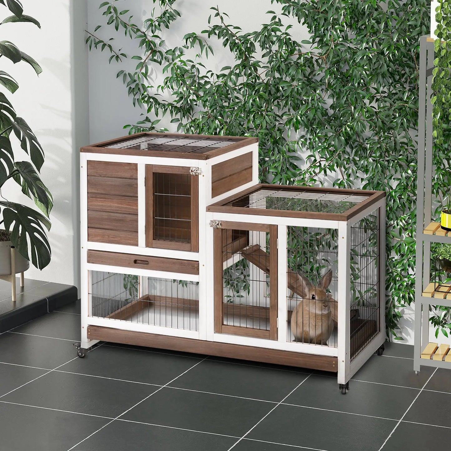 Wooden Rabbit Hutch, Indoor Bunny Cage with Wheels, Pull Out Trays, Brown Rabbit Hutch at Gallery Canada