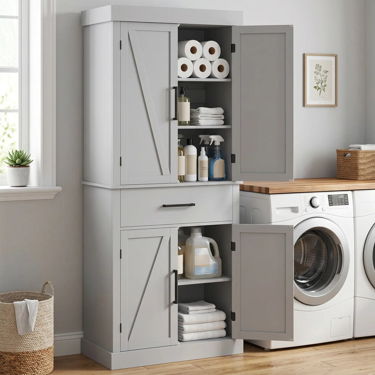72" Kitchen Storage Cabinet, Farmhouse Pantry, 4 Barn Doors, Drawer, Adjustable Shelves, Grey Kitchen Pantry Cabinets at Gallery Canada