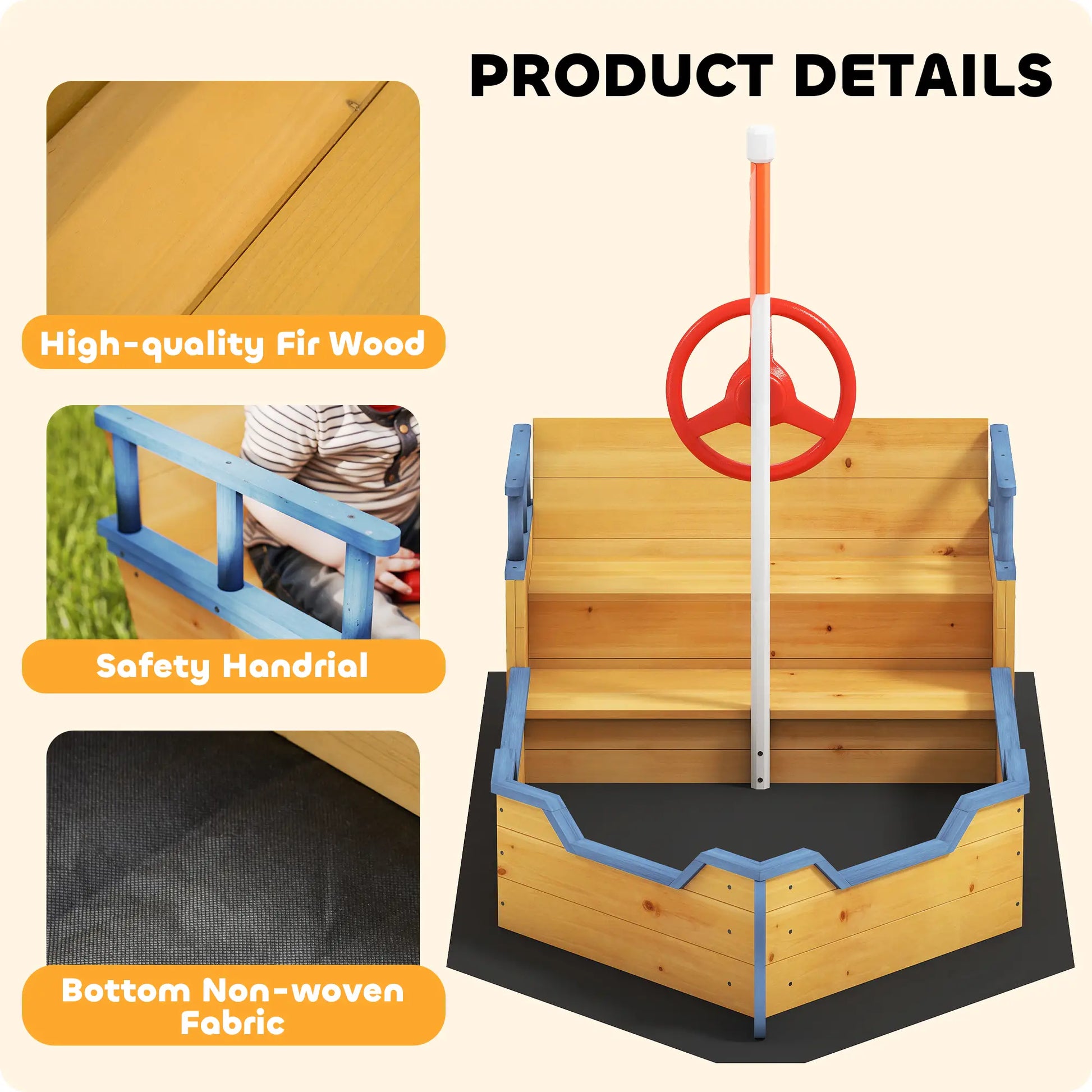 Kids Wooden Pirate Ship Sandbox, Outdoor Playset w/ Bench Seat, 3-6 Years Sandboxes & Accessories at Gallery Canada