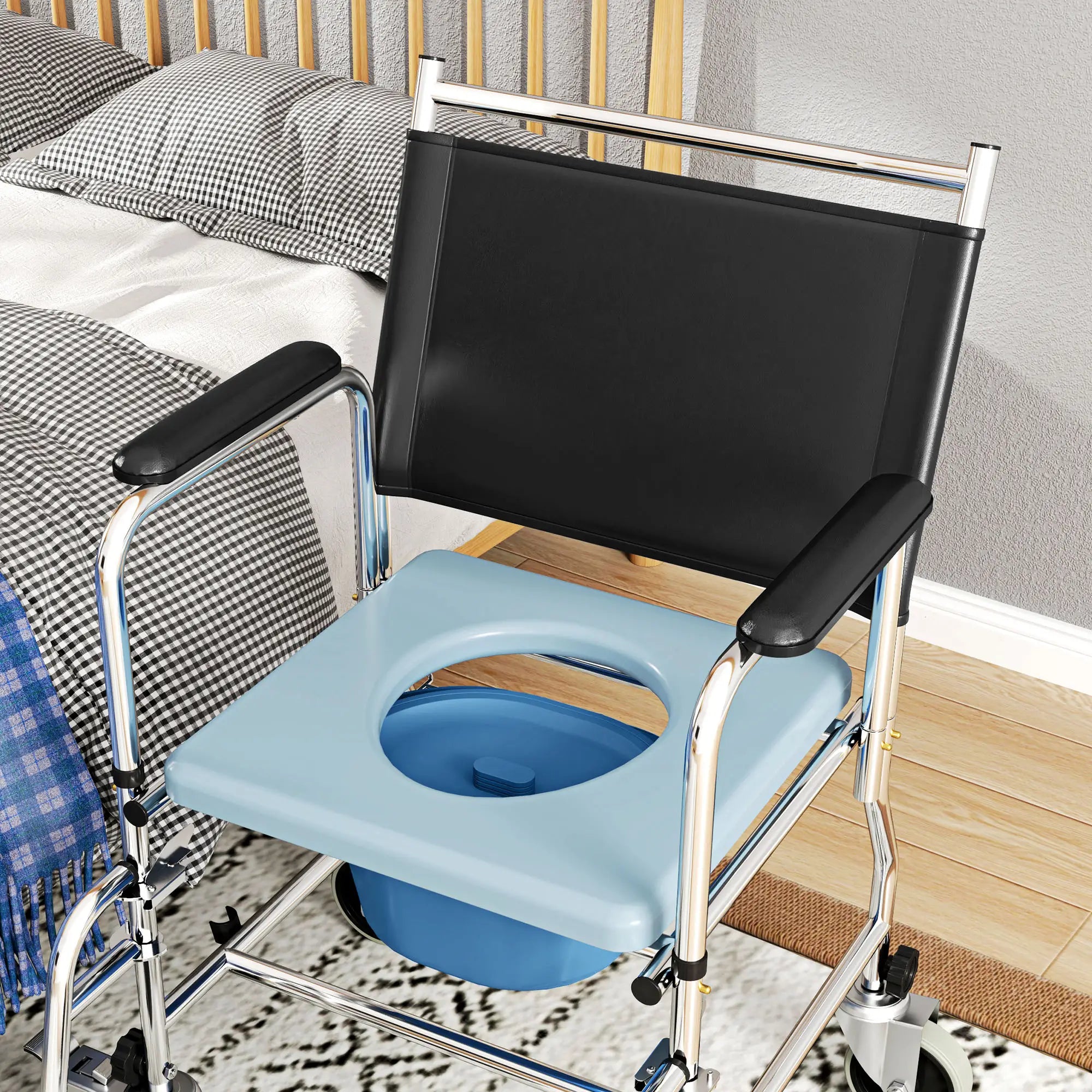 Rolling Shower Chair, Bedside Commode Wheelchair, Padded Seat, 300 lbs, Black Bath Chairs at Gallery Canada
