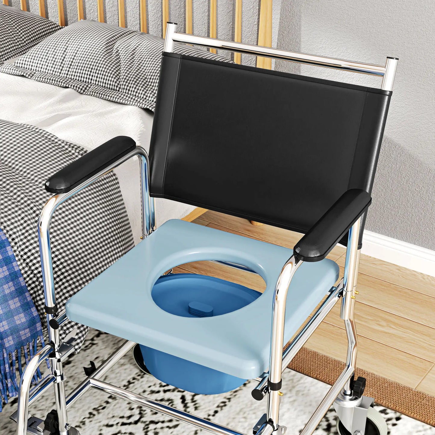 Rolling Shower Chair, Bedside Commode Wheelchair, Padded Seat, 300 lbs, Black Bath Chairs at Gallery Canada