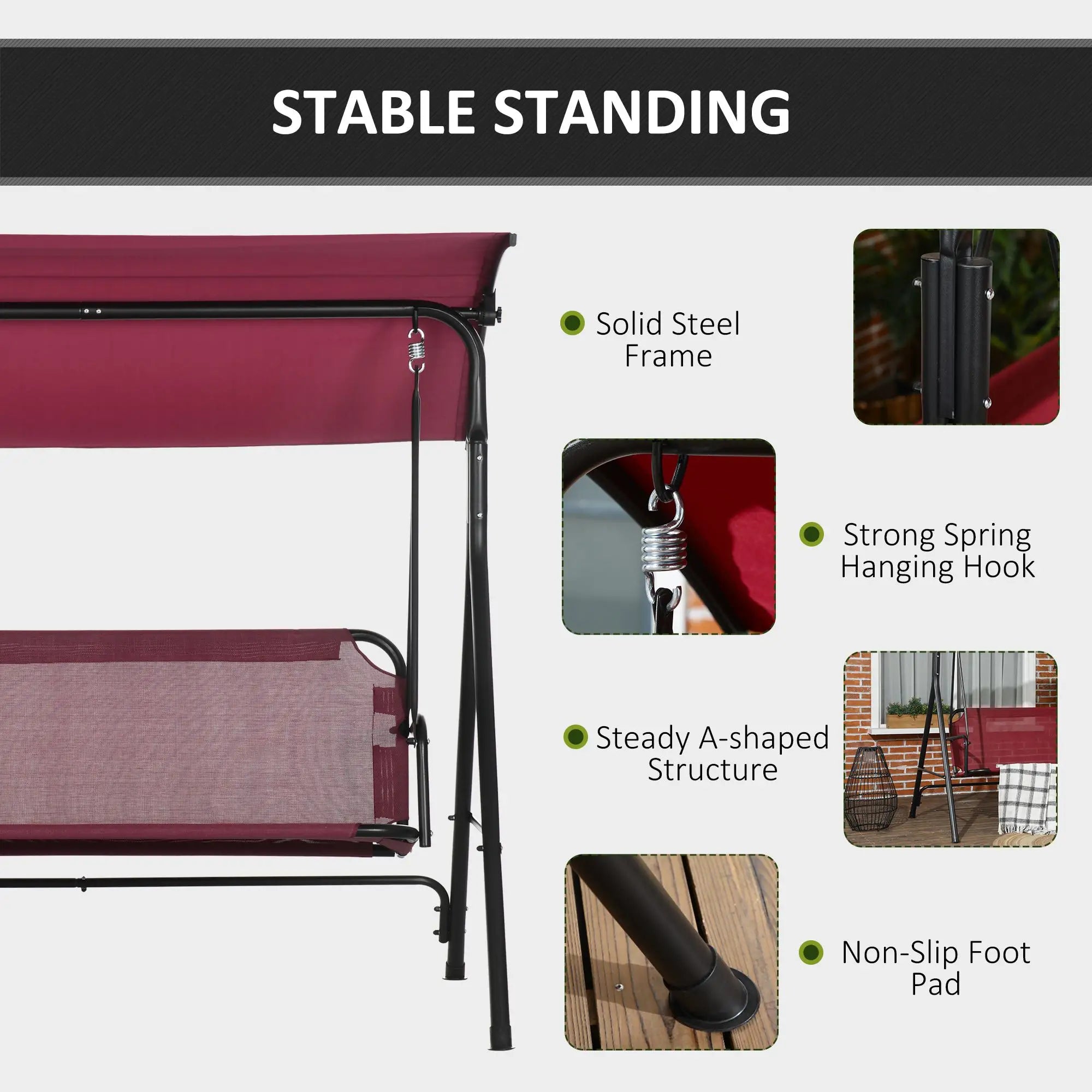 3-Seater Outdoor Swing with Adjustable Canopy, Wine Red Porch Swings with Canopy at Gallery Canada