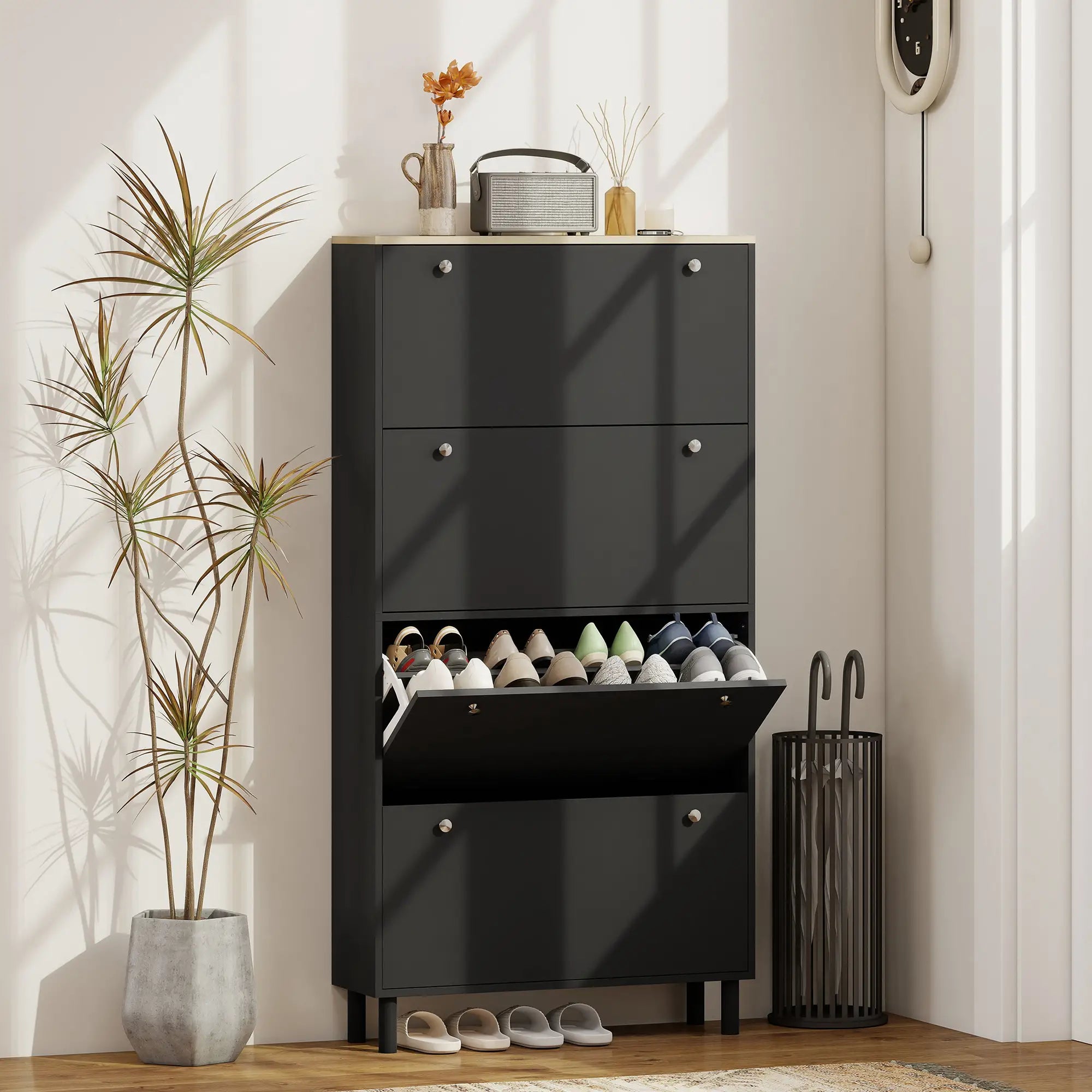 Narrow Shoe Cabinet with 4 Flip Drawers, Adjustable Shelves, Holds 24-32 Pairs, Black Shoe Storage Cabinets & Racks at Gallery Canada
