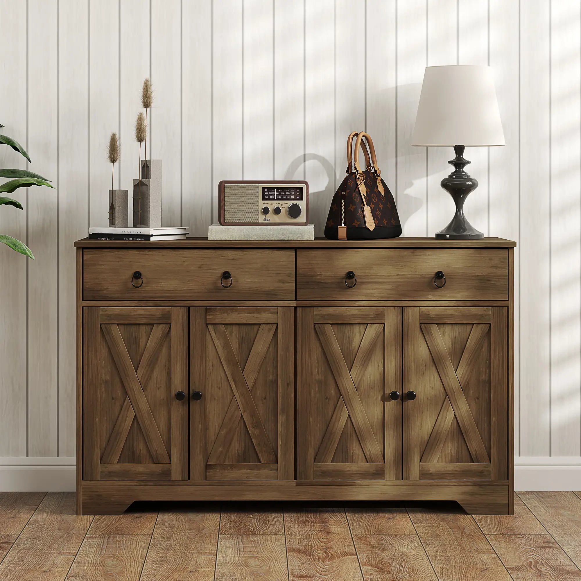 Sideboard Cabinet, 2 Drawers, 4 Barn Doors, 2 Adjustable Shelves, Light Brown Bar Cabinets at Gallery Canada
