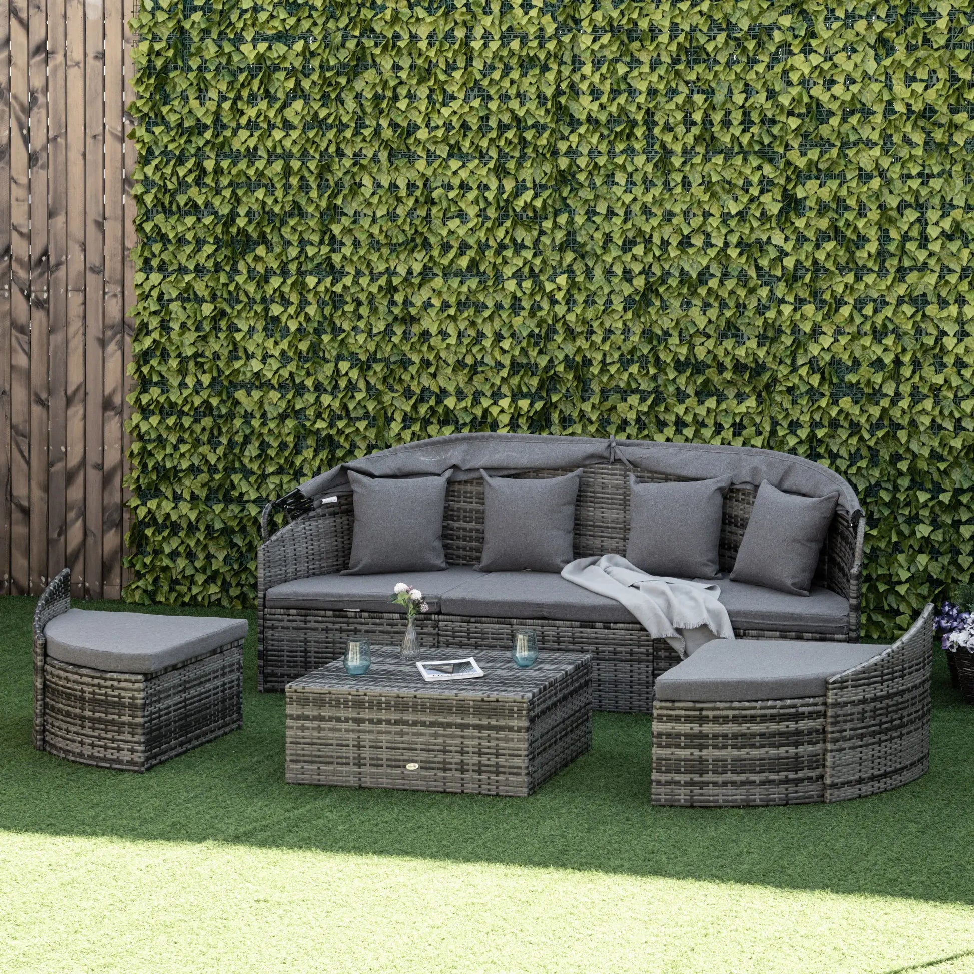 4-Piece PE Wicker Round Daybed, Outdoor Rattan Lounge Set, Grey Daybeds at Gallery Canada