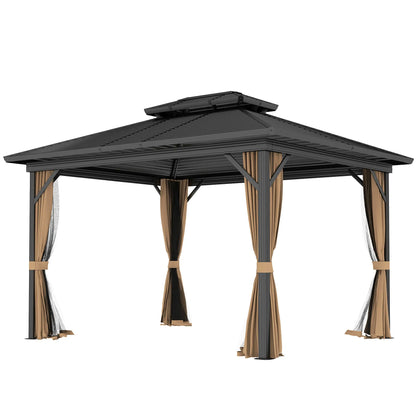 10' x 12' Hardtop Gazebo, Double Tier Roof, Mosquito Net, Dark Brown Gazebos Dark Brown at Gallery Canada