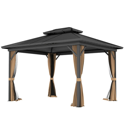 10' x 12' Hardtop Gazebo, Double Tier Roof, Mosquito Net, Dark Brown