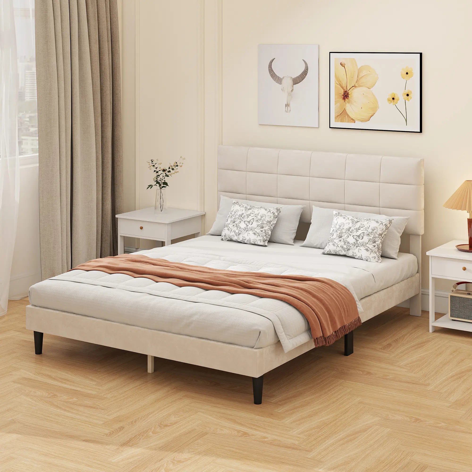 Queen Size Bed Frame, Upholstered Headboard, Wood Slats, 1100 lbs, Cream Bed Frames at Gallery Canada