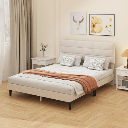 Queen Size Bed Frame, Upholstered Headboard, Wood Slats, 1100 lbs, Cream Bed Frames at Gallery Canada