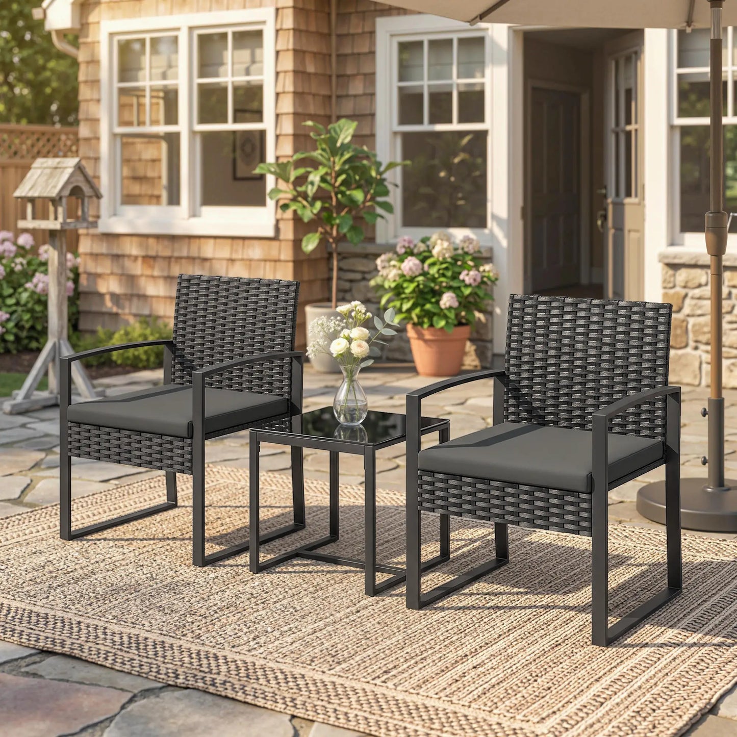 3 Piece Wicker Patio Set, Glass Top Table With Cushions, Dark Grey Bistro Sets at Gallery Canada