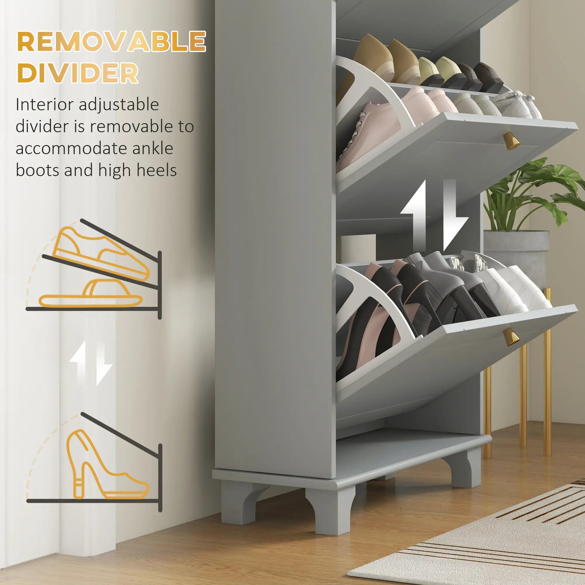 Narrow Shoe Storage, 3 Flip Drawers, Adjustable Shelves, Holds 12 Pairs, Grey Shoe Storage Cabinets & Racks at Gallery Canada