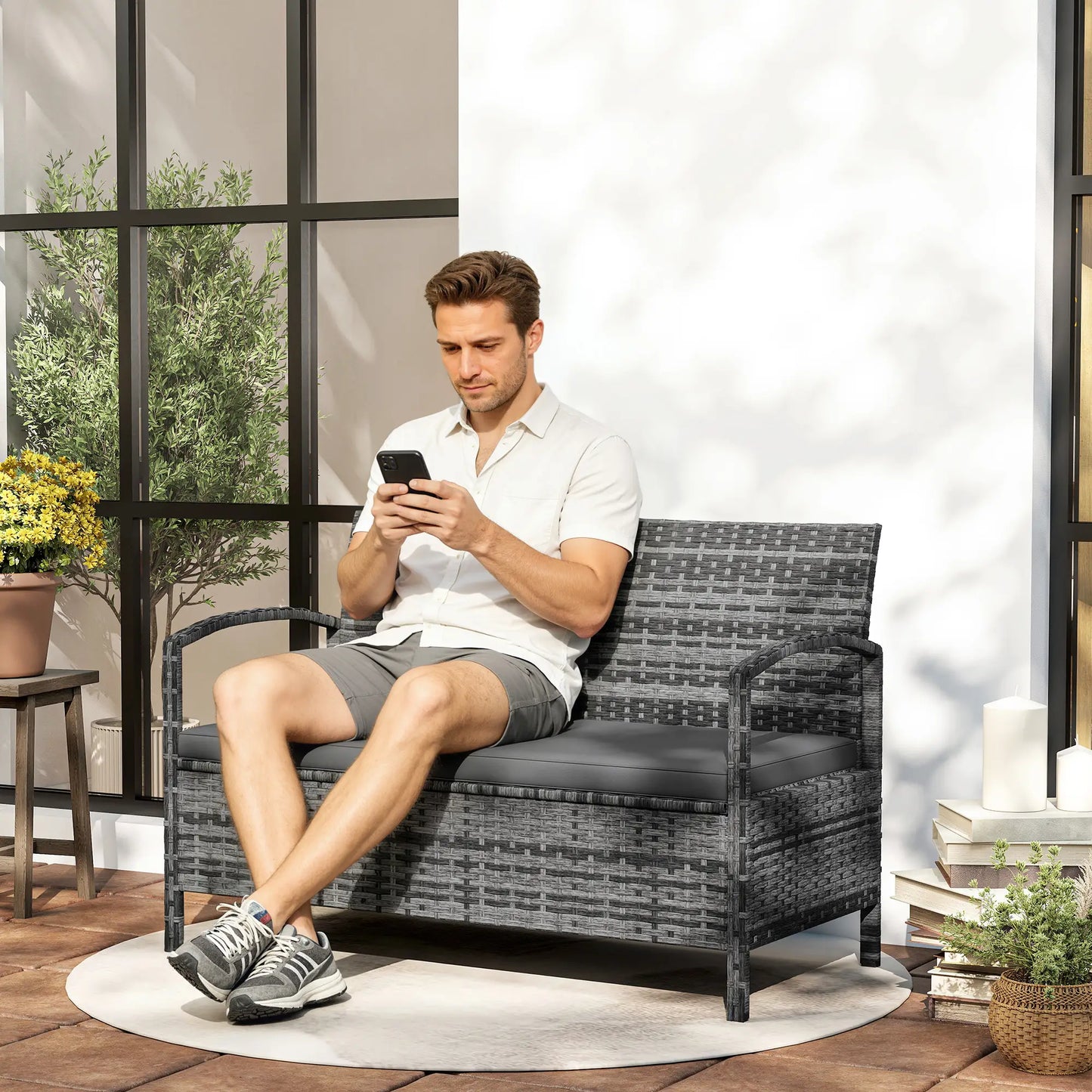 33 Gallon Outdoor Storage Bench, Wicker Deck Box Patio Seat, Grey Outdoor Benches at Gallery Canada