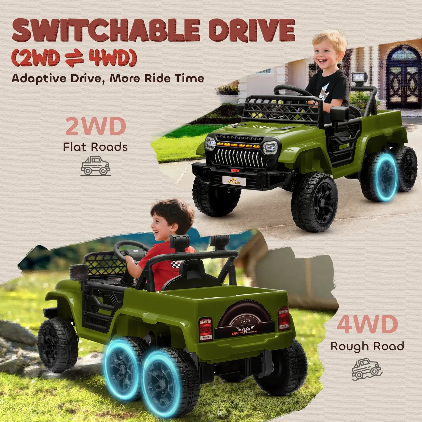 12V 4WD/2WD Kids Electric Car, Remote Control, Spring Suspension, Dark Green Electric Toy Cars at Gallery Canada