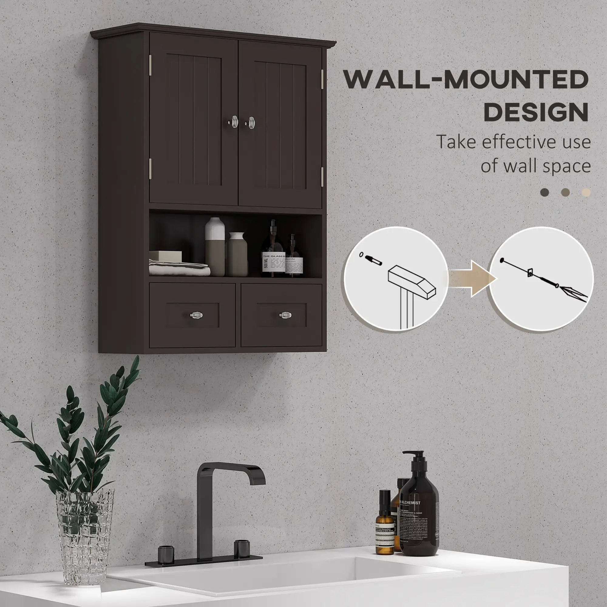 Medicine Cabinet, Bathroom Wall Cabinet with Shelf, Drawers, Brown Wall Mounted Cabinets at Gallery Canada
