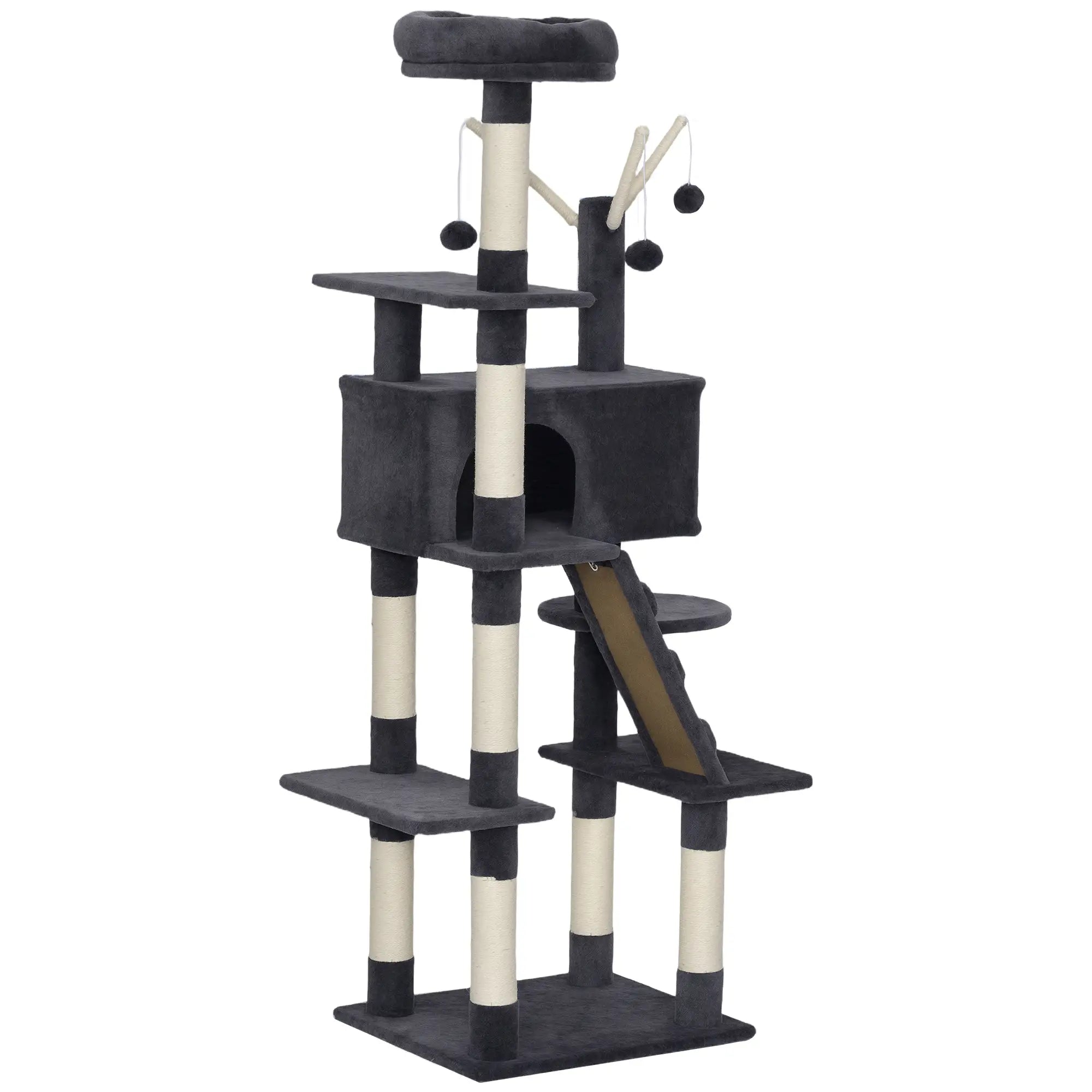 59 Inch Large Cat Tree with Sisal Posts, Condo, Perch, Ladder, Balls, Dark Grey Cat Trees Dark Grey at Gallery Canada