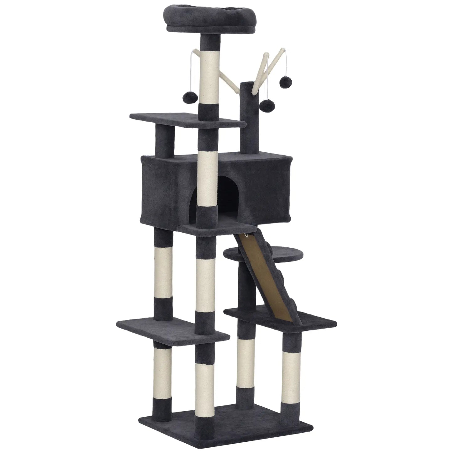 59 Inch Large Cat Tree with Sisal Posts, Condo, Perch, Ladder, Balls, Dark Grey Cat Trees Dark Grey at Gallery Canada
