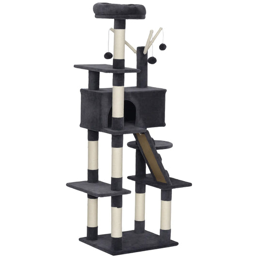 59 Inch Large Cat Tree with Sisal Posts, Condo, Perch, Ladder, Balls, Dark Grey Cat Trees Dark Grey at Gallery Canada