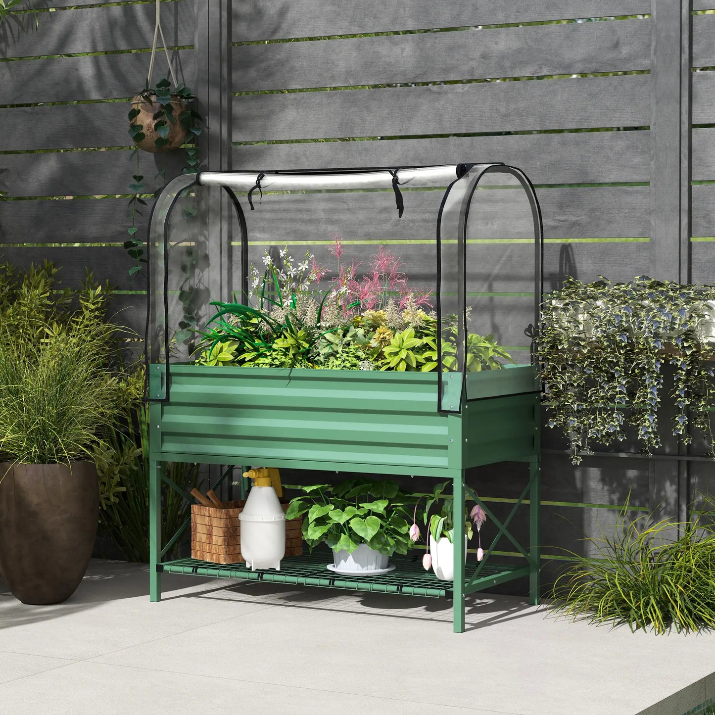 Metal Raised Garden Bed With Cover, 48 Inch, Green