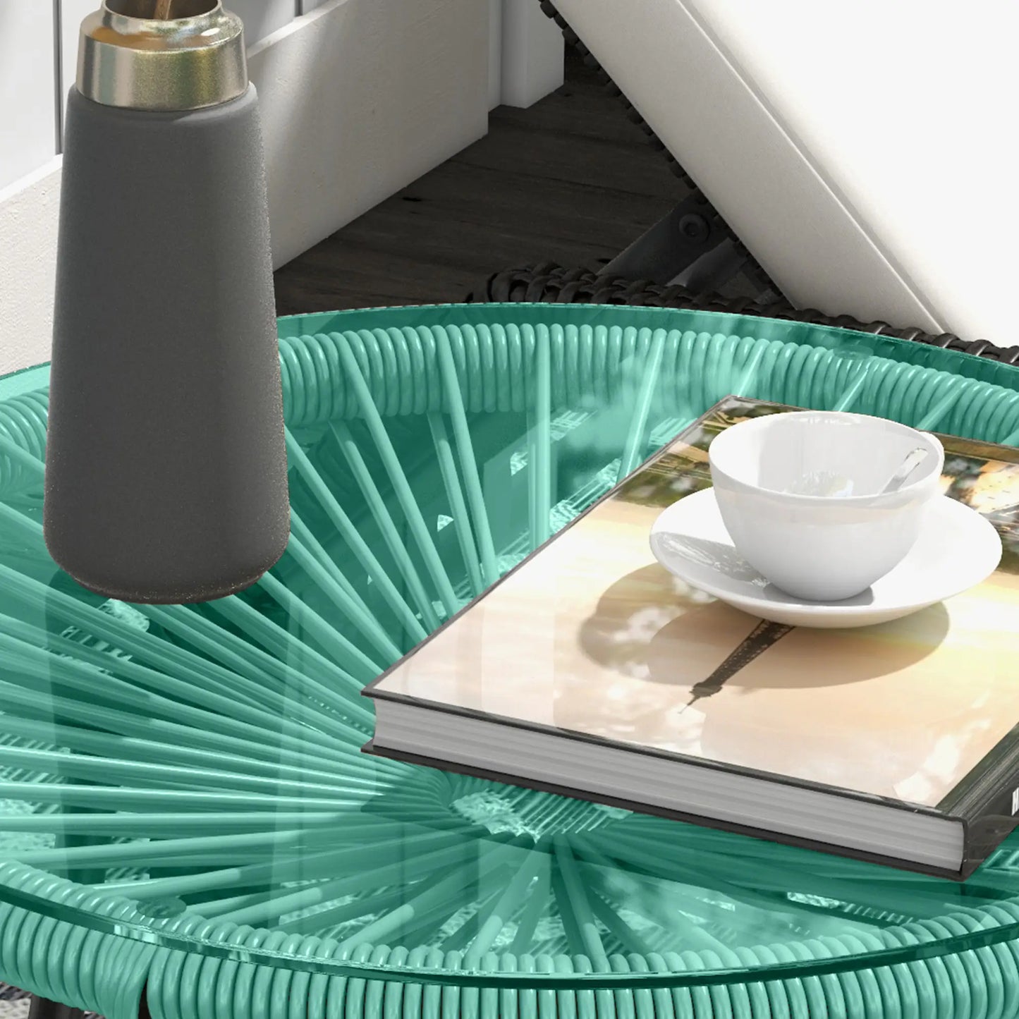 Round Outdoor Rattan Side Table, Tempered Glass Top, Light Green Patio Side Tables at Gallery Canada