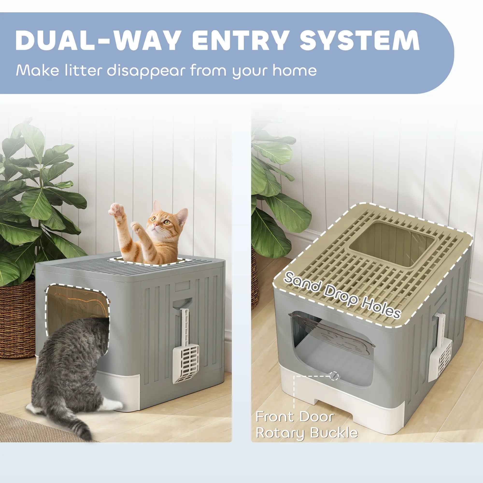 Foldable Cat Litter Box With Lid, Slide-Out Drawer, Scoop, Easy Clean, Grey Cat Litter Box Enclosures at Gallery Canada