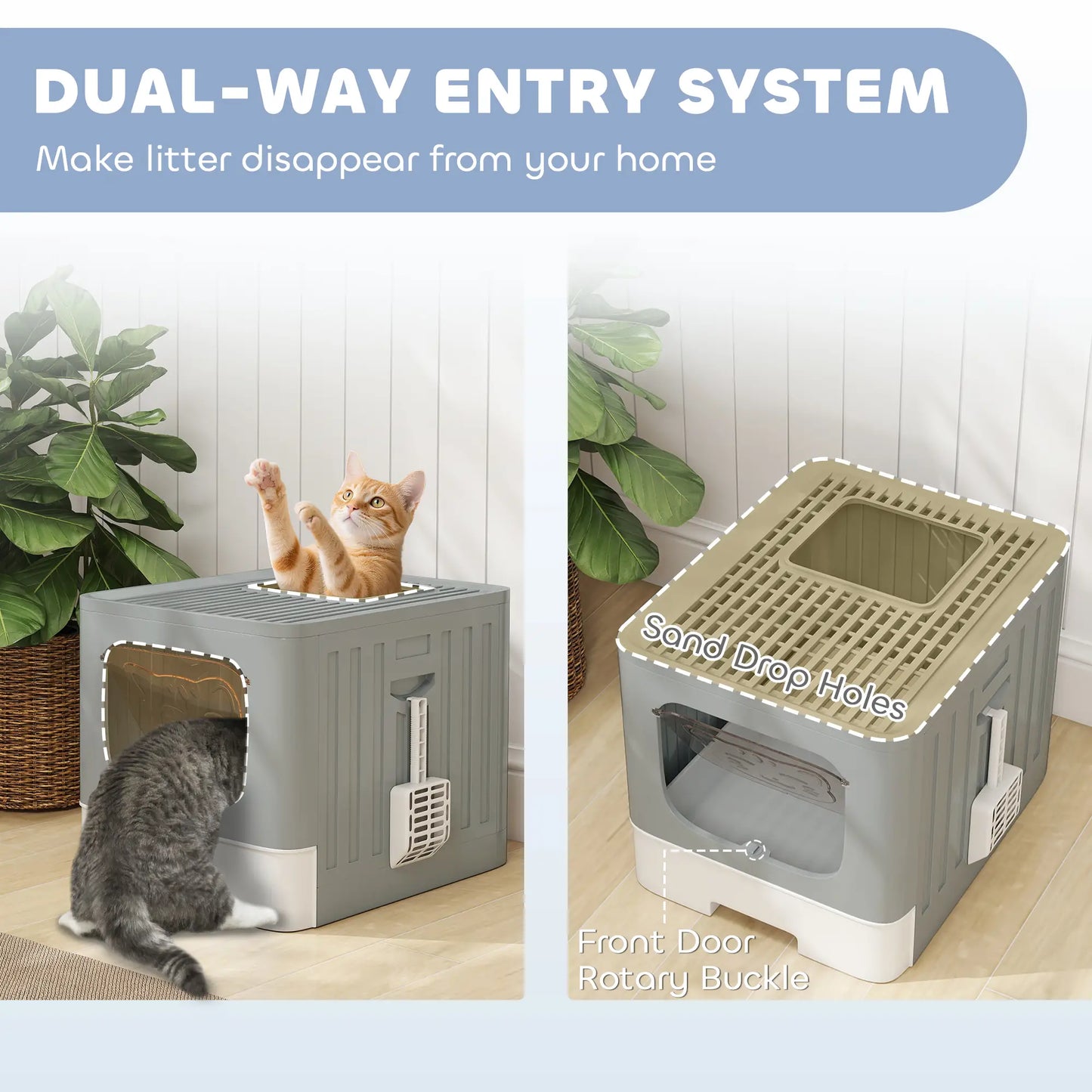 Foldable Cat Litter Box With Lid, Slide-Out Drawer, Scoop, Easy Clean, Grey Cat Litter Box Enclosures at Gallery Canada