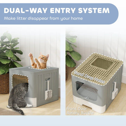 Foldable Cat Litter Box With Lid, Slide-Out Drawer, Scoop, Easy Clean, Grey Cat Litter Box Enclosures at Gallery Canada