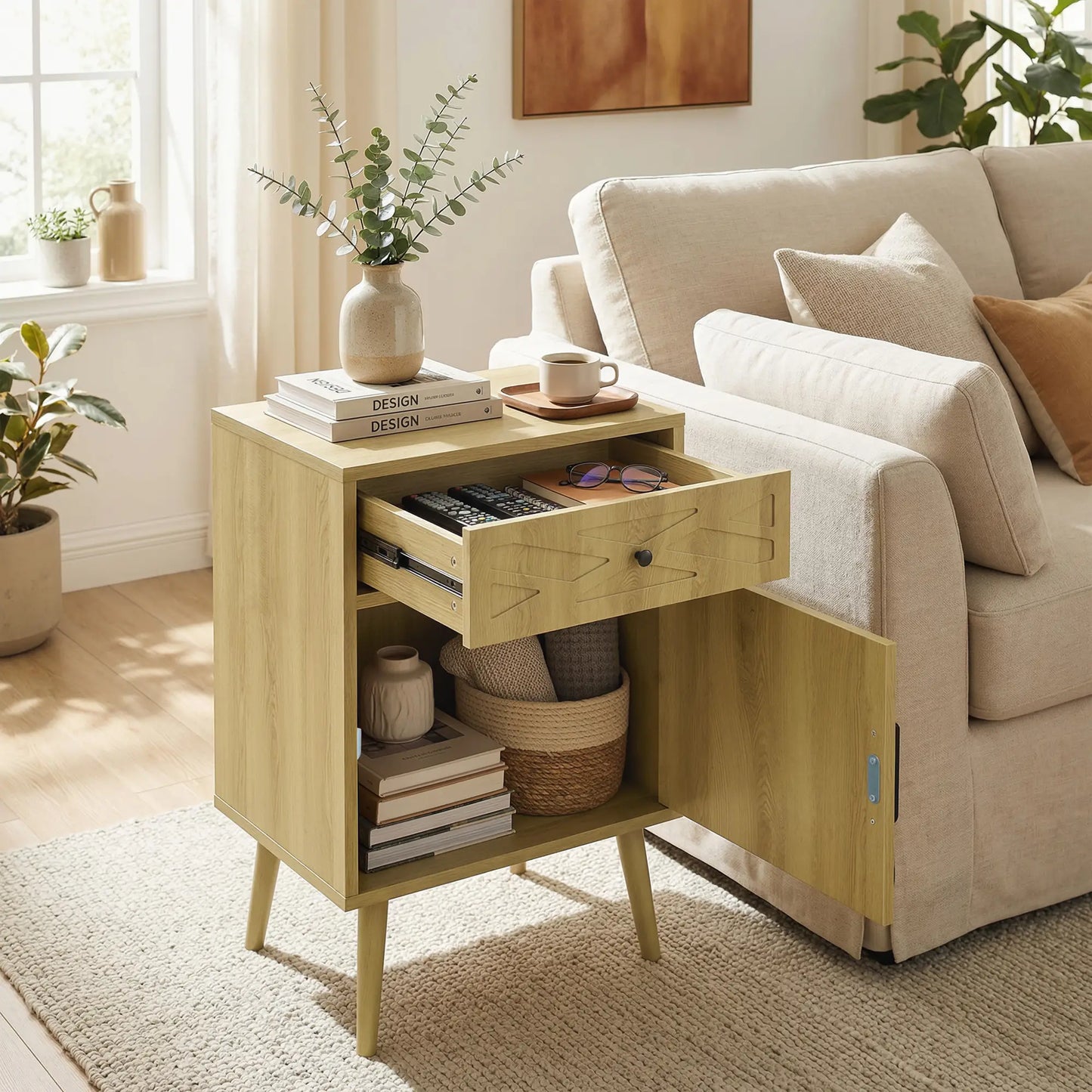Nightstand Set Of 2, Oak, With Drawer And Cabinet Storage Side Tables at Gallery Canada