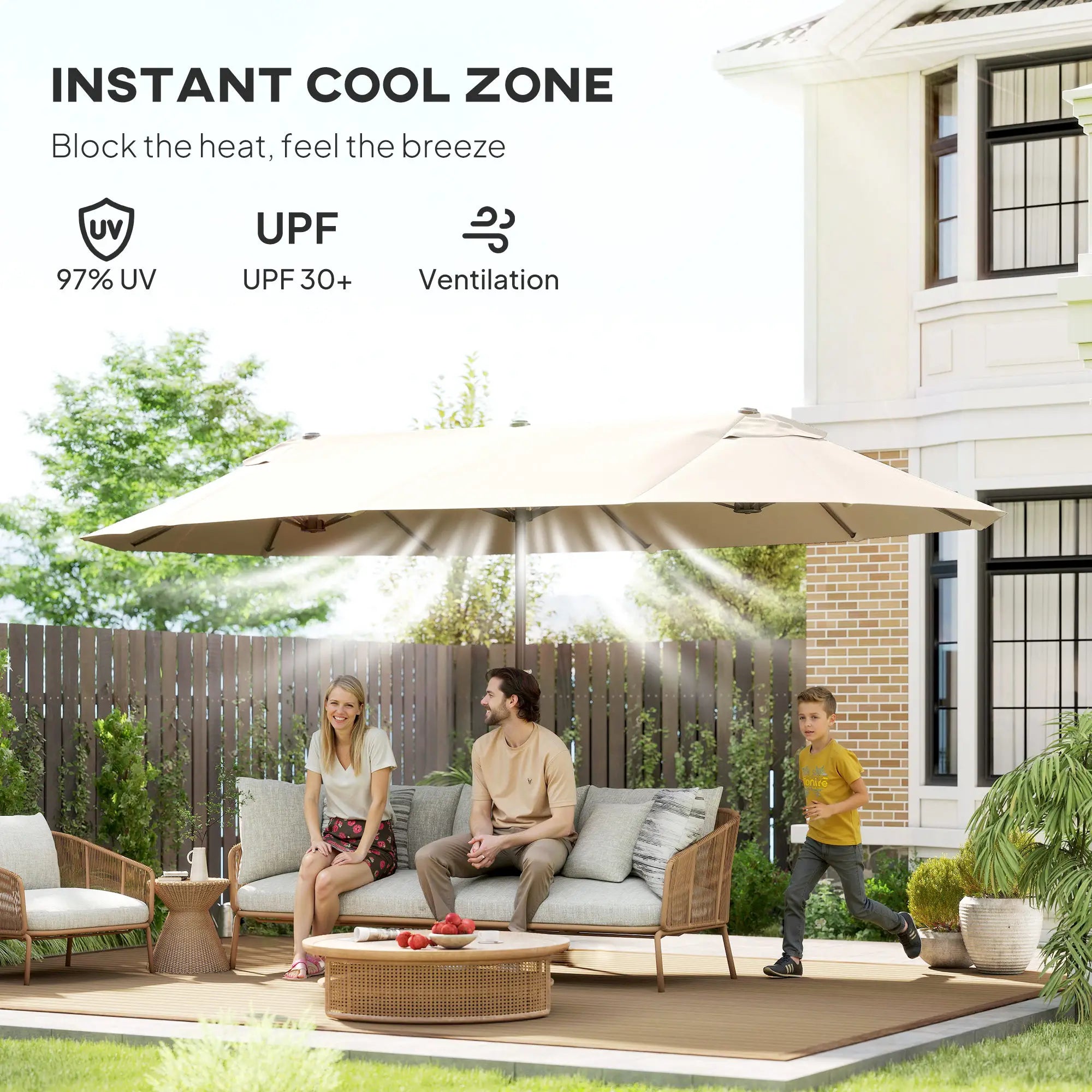 15' Outdoor Patio Umbrella, Twin Canopy Sunshade, Lift Crank, Beige Sun Umbrellas at Gallery Canada