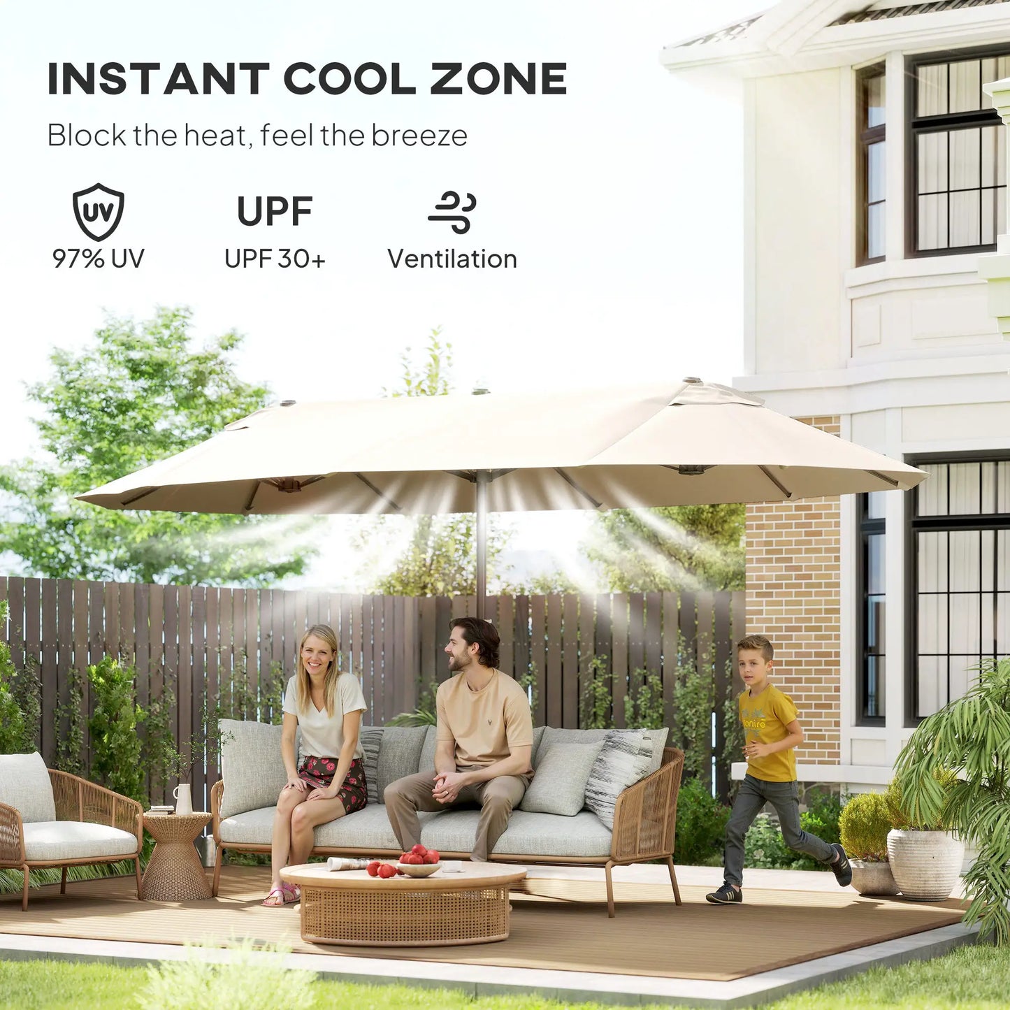 15' Outdoor Patio Umbrella, Twin Canopy Sunshade, Lift Crank, Beige Sun Umbrellas at Gallery Canada