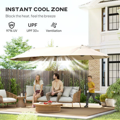 15' Outdoor Patio Umbrella, Twin Canopy Sunshade, Lift Crank, Beige Sun Umbrellas at Gallery Canada