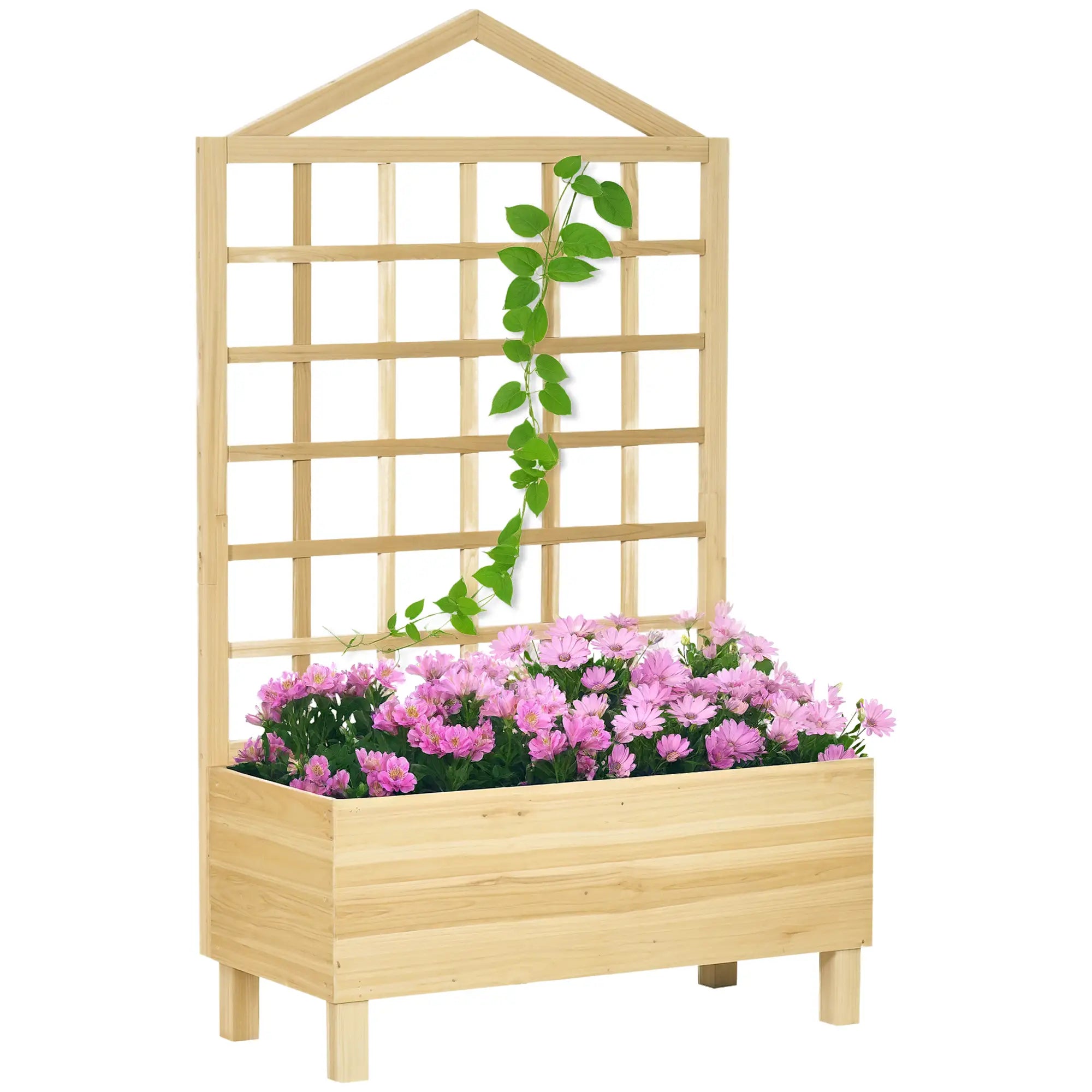 Distressed Wood Planter Box with Trellis, Raised Garden Bed, Natural Wooden Planter Boxes Natural at Gallery Canada