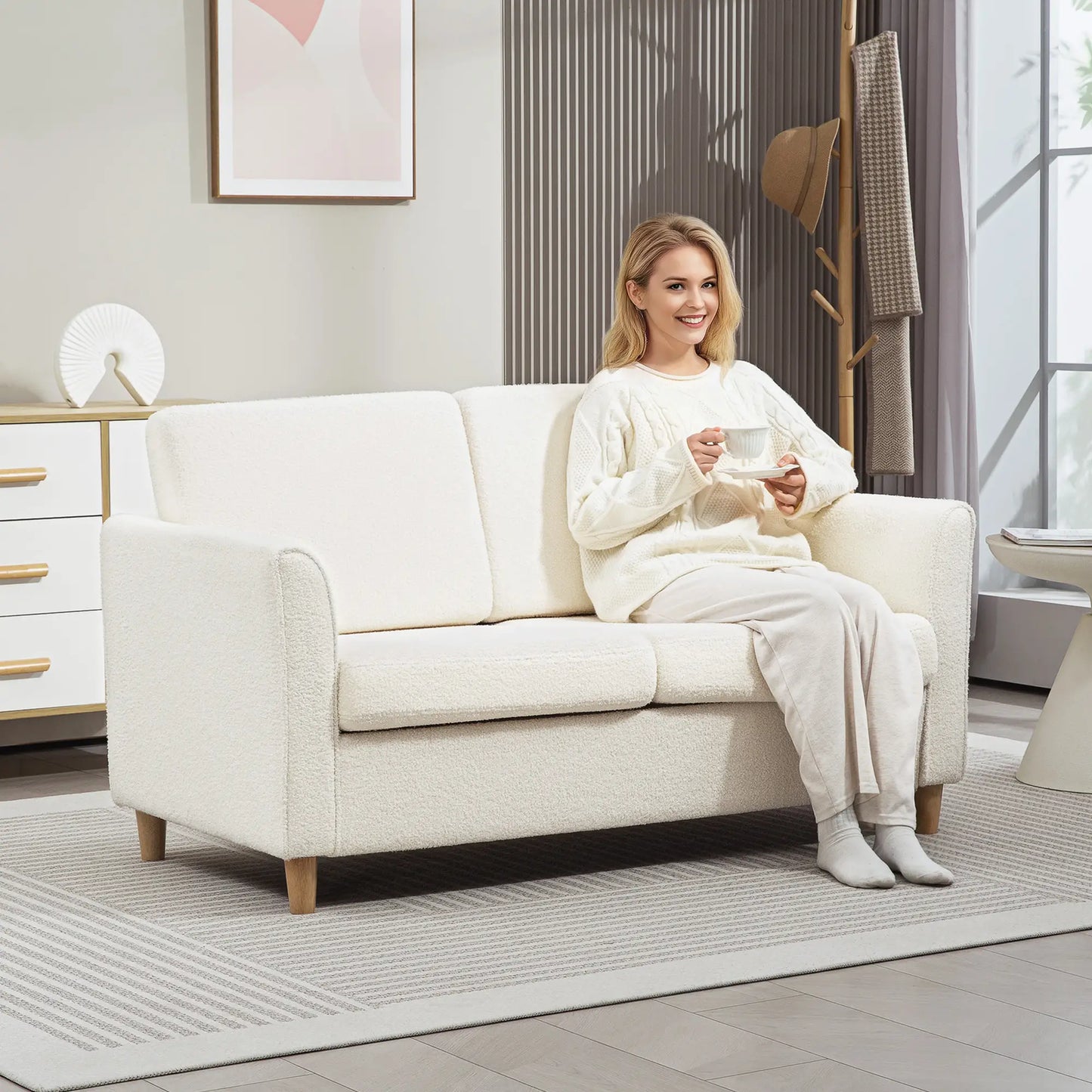 2-Seat Sofa with Armrests, Wood Legs, 2-Seater, Cream White 2-Seater Sofas at Gallery Canada